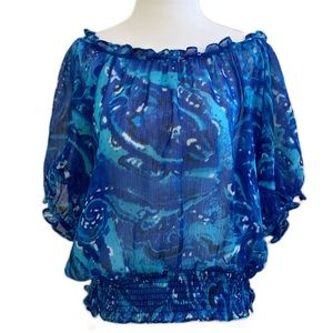 Micheal Kors Blue Watercolor Paisley Puff Shoulder Short Sleeve